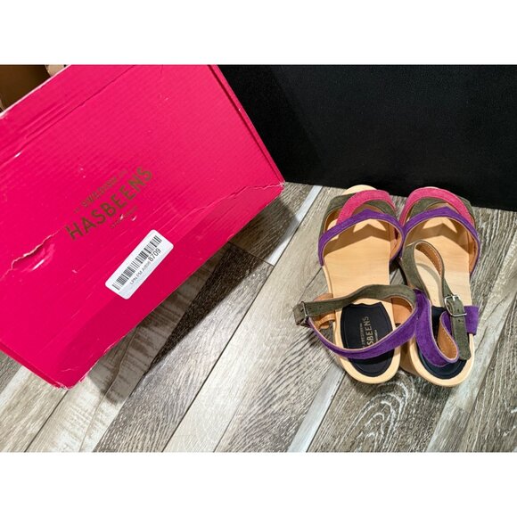 Swedish Hasbeens 50s Suede Combo Sandal With Wooden Heel Size 38 Adjustable Stra - Picture 1 of 8